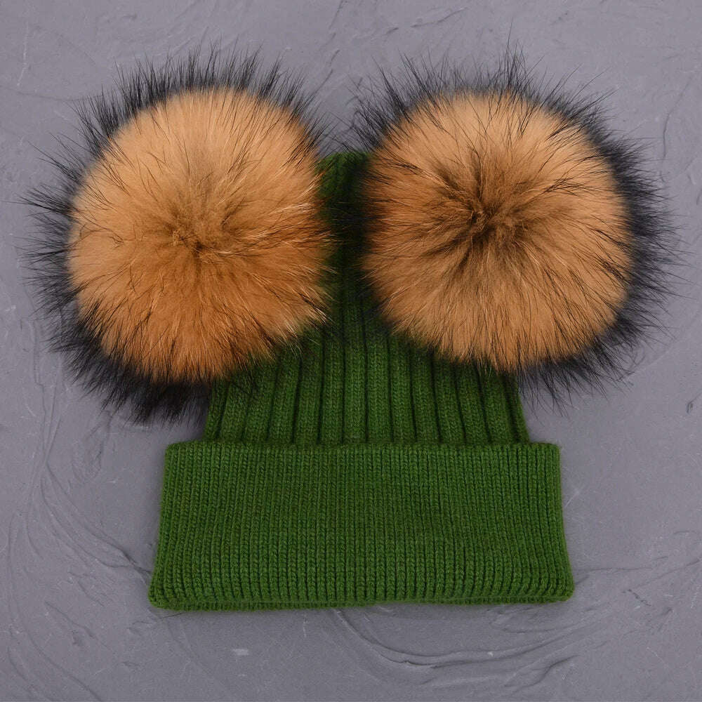 Double Real Raccoon Fur Pompom Hat Women Winter Caps Knitted Wool Hats Skullies Beanies Girls Female Two Fur Pom Pom Beanie Hat - KIMLUD