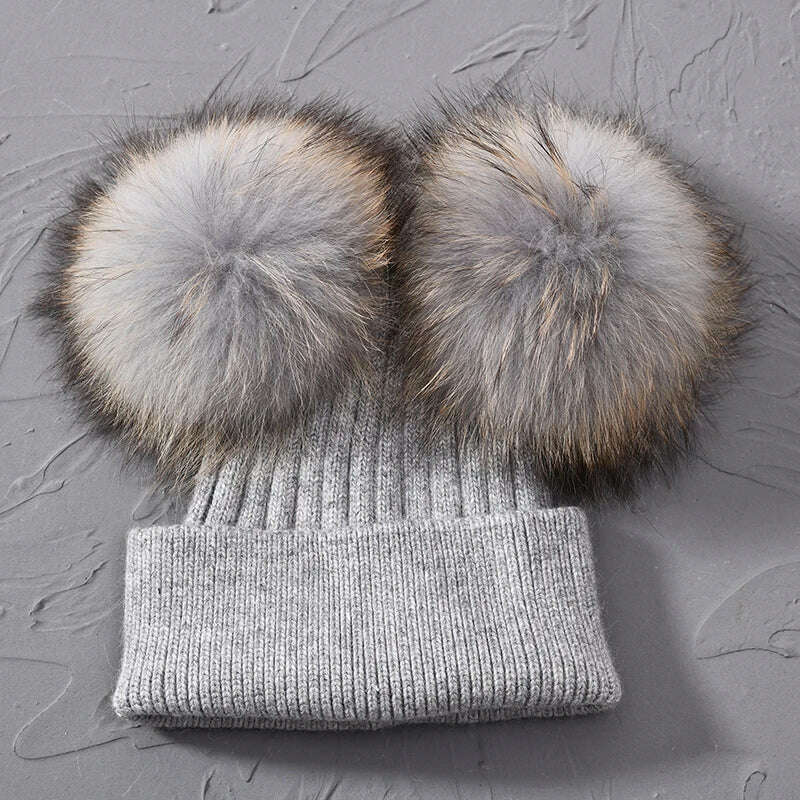 Double Real Raccoon Fur Pompom Hat Women Winter Caps Knitted Wool Hats Skullies Beanies Girls Female Two Fur Pom Pom Beanie Hat - KIMLUD