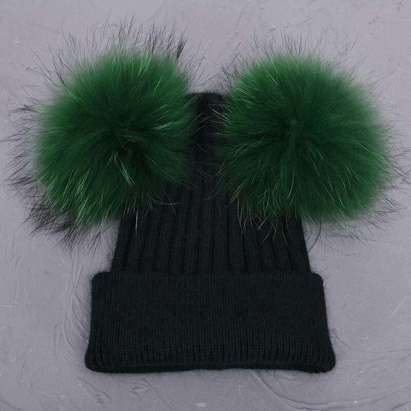 Double Real Raccoon Fur Pompom Hat Women Winter Caps Knitted Wool Hats Skullies Beanies Girls Female Two Fur Pom Pom Beanie Hat - KIMLUD