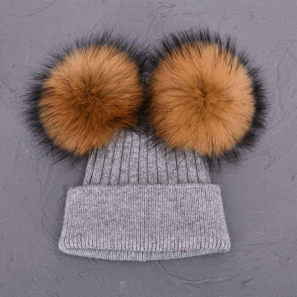 Double Real Raccoon Fur Pompom Hat Women Winter Caps Knitted Wool Hats Skullies Beanies Girls Female Two Fur Pom Pom Beanie Hat - KIMLUD