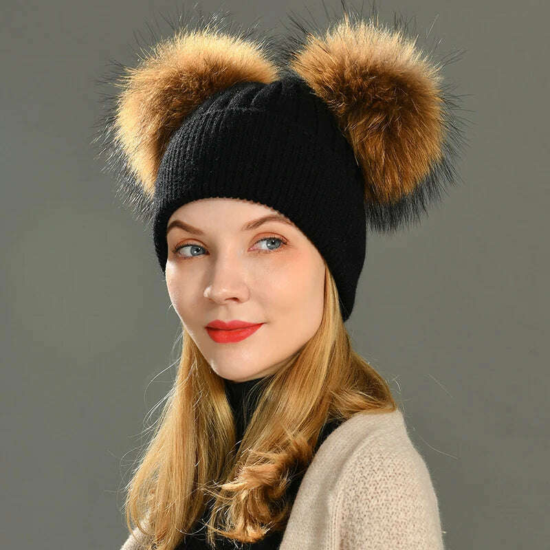 Double Real Raccoon Fur Pompom Hat Women Winter Caps Knitted Wool Hats Skullies Beanies Girls Female Two Fur Pom Pom Beanie Hat - KIMLUD