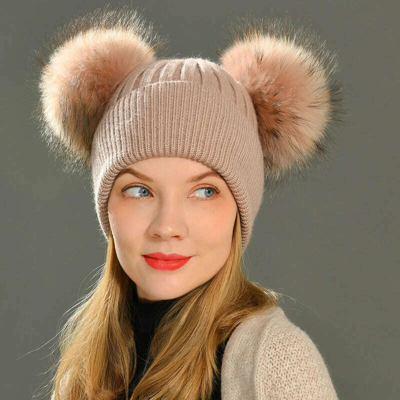 Double Real Raccoon Fur Pompom Hat Women Winter Caps Knitted Wool Hats Skullies Beanies Girls Female Two Fur Pom Pom Beanie Hat - KIMLUD