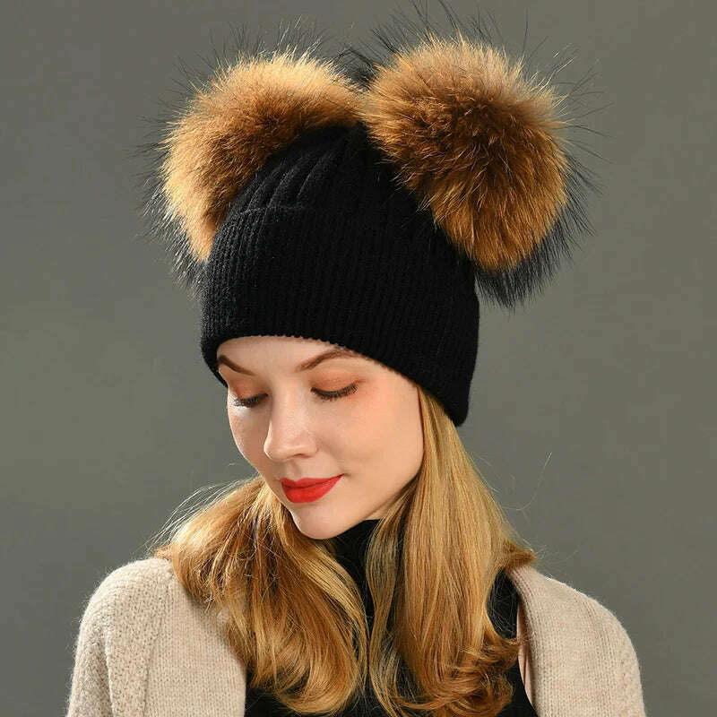 Double Real Raccoon Fur Pompom Hat Women Winter Caps Knitted Wool Hats Skullies Beanies Girls Female Two Fur Pom Pom Beanie Hat - KIMLUD