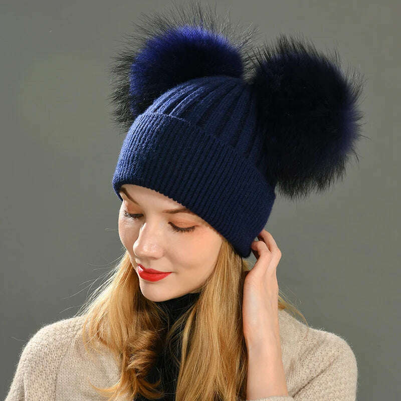 Double Real Raccoon Fur Pompom Hat Women Winter Caps Knitted Wool Hats Skullies Beanies Girls Female Two Fur Pom Pom Beanie Hat - KIMLUD