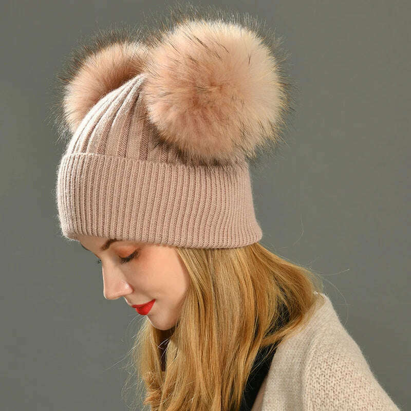 Double Real Raccoon Fur Pompom Hat Women Winter Caps Knitted Wool Hats Skullies Beanies Girls Female Two Fur Pom Pom Beanie Hat - KIMLUD