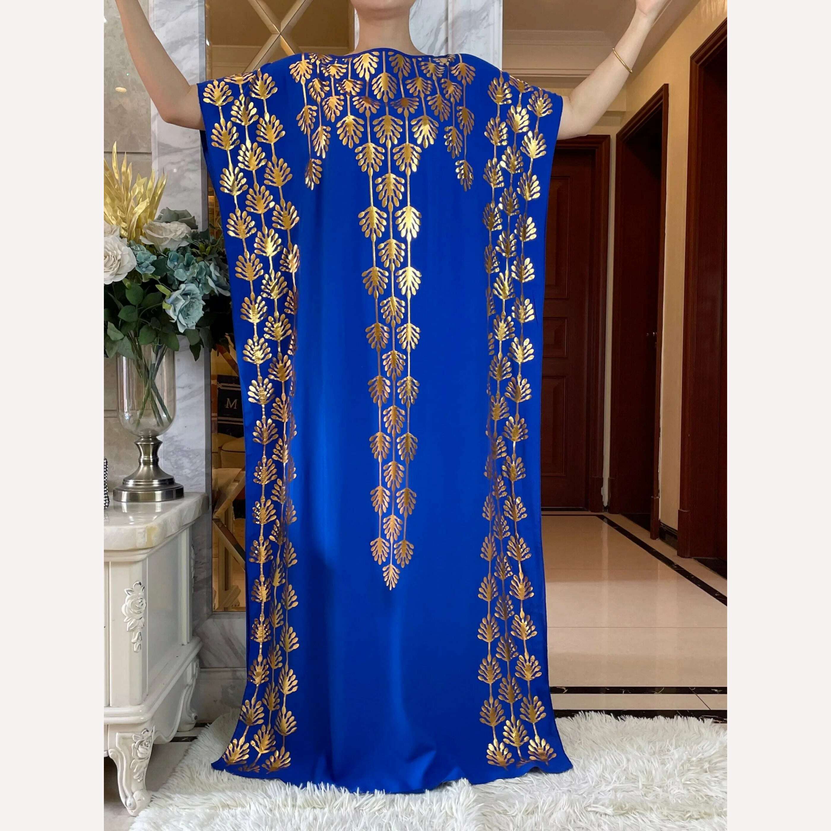 Dubai New Abaya For Women Summer Short Sleeve Cotton Dress Gold Stamping Loose Lady Maxi Islam African Dress With Big Scarf - KIMLUD