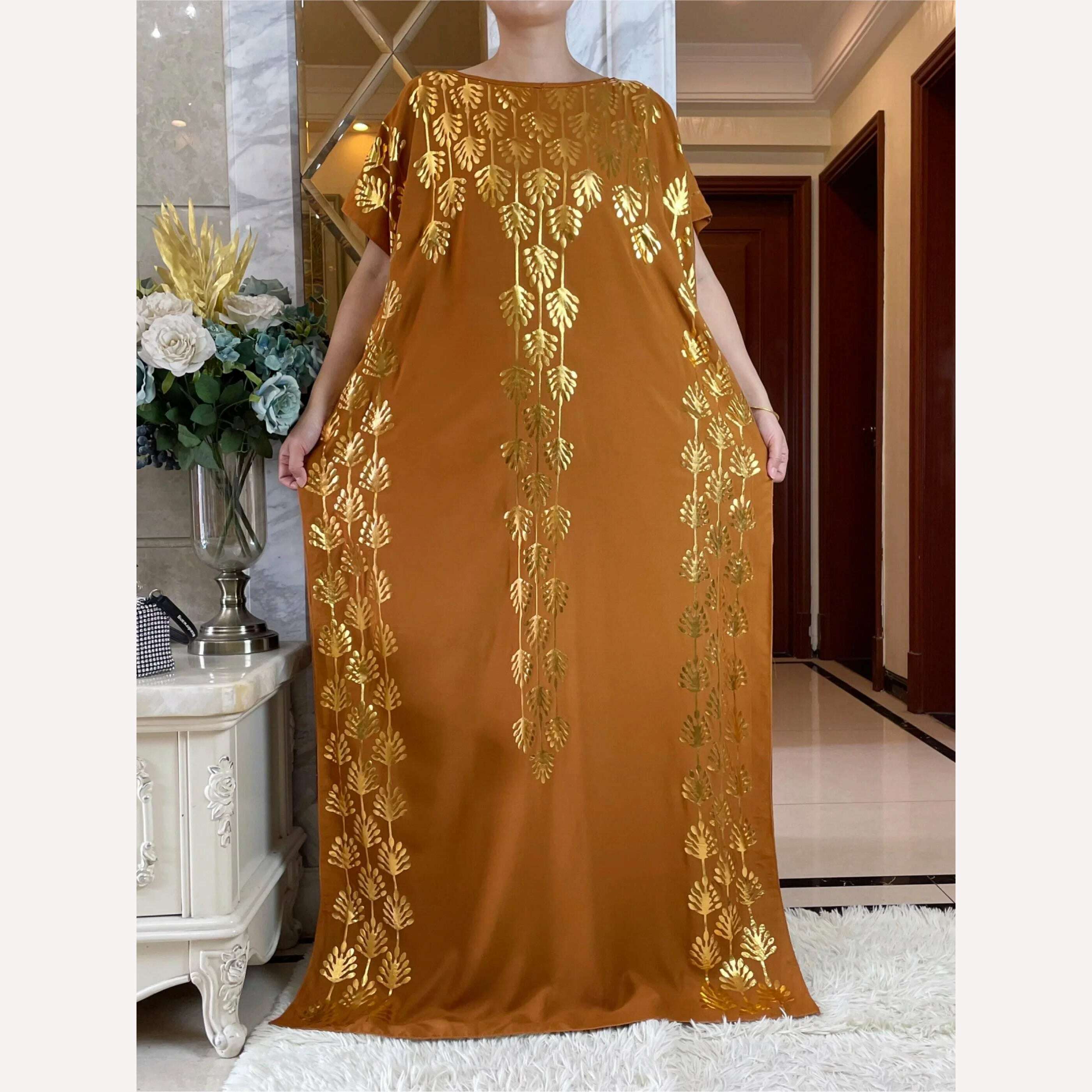 Dubai New Abaya For Women Summer Short Sleeve Cotton Dress Gold Stamping Loose Lady Maxi Islam African Dress With Big Scarf - KIMLUD