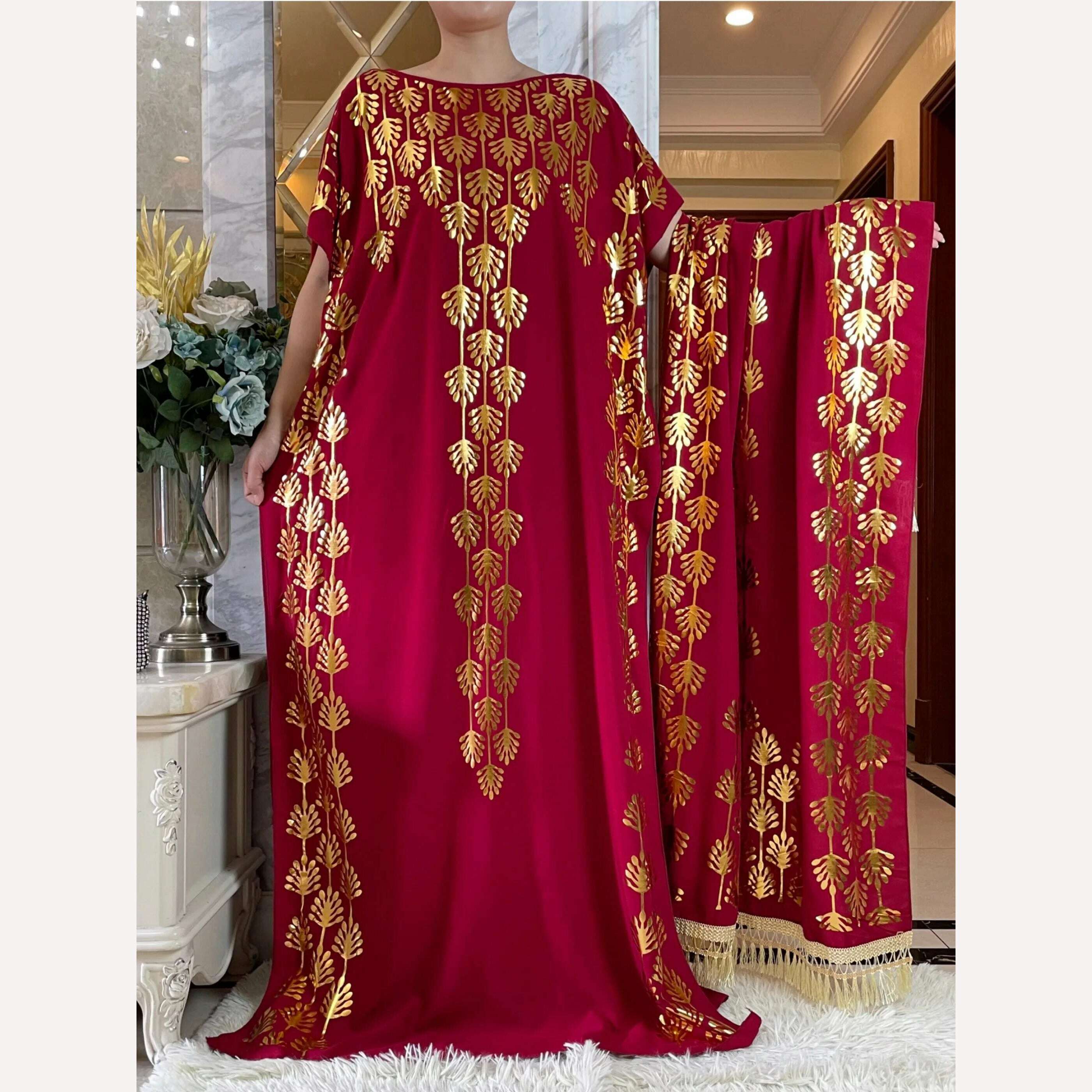 Dubai New Abaya For Women Summer Short Sleeve Cotton Dress Gold Stamping Loose Lady Maxi Islam African Dress With Big Scarf - KIMLUD
