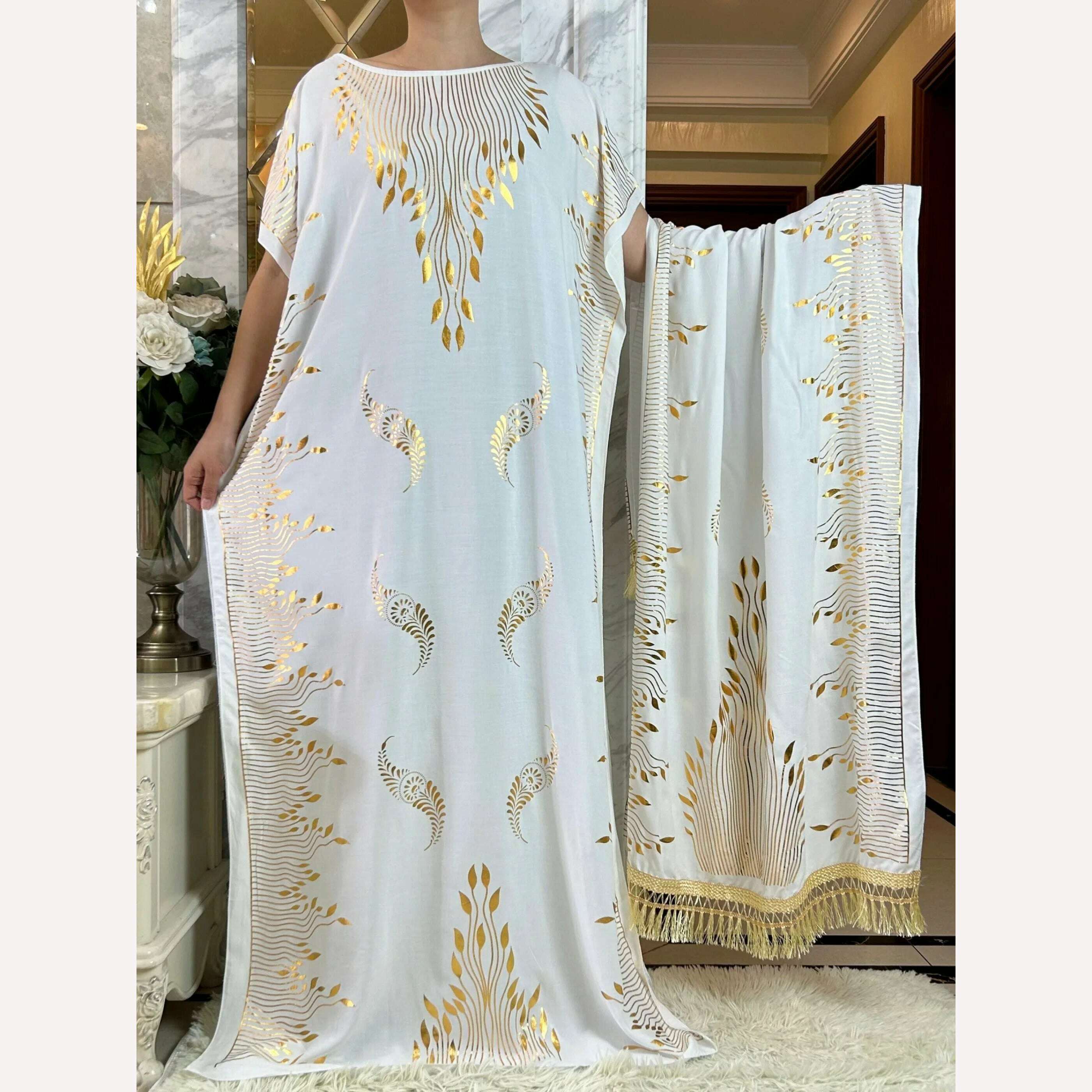Dubai New Abaya For Women Summer Short Sleeve Cotton Dress Gold Stamping Loose Lady Maxi Islam African Dress With Big Scarf - KIMLUD