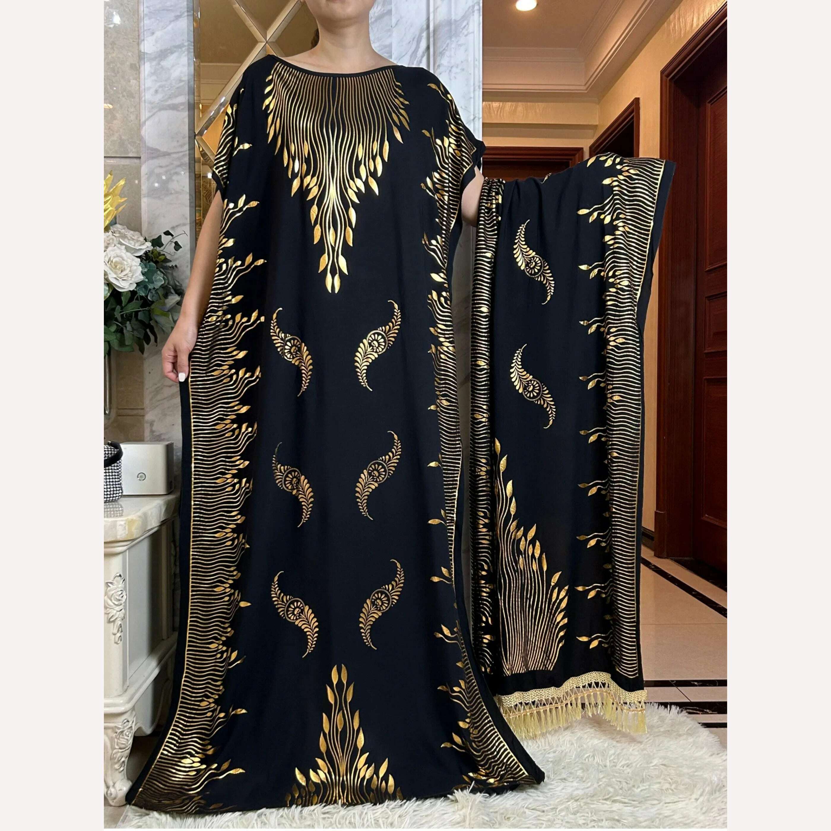 Dubai New Abaya For Women Summer Short Sleeve Cotton Dress Gold Stamping Loose Lady Maxi Islam African Dress With Big Scarf - KIMLUD