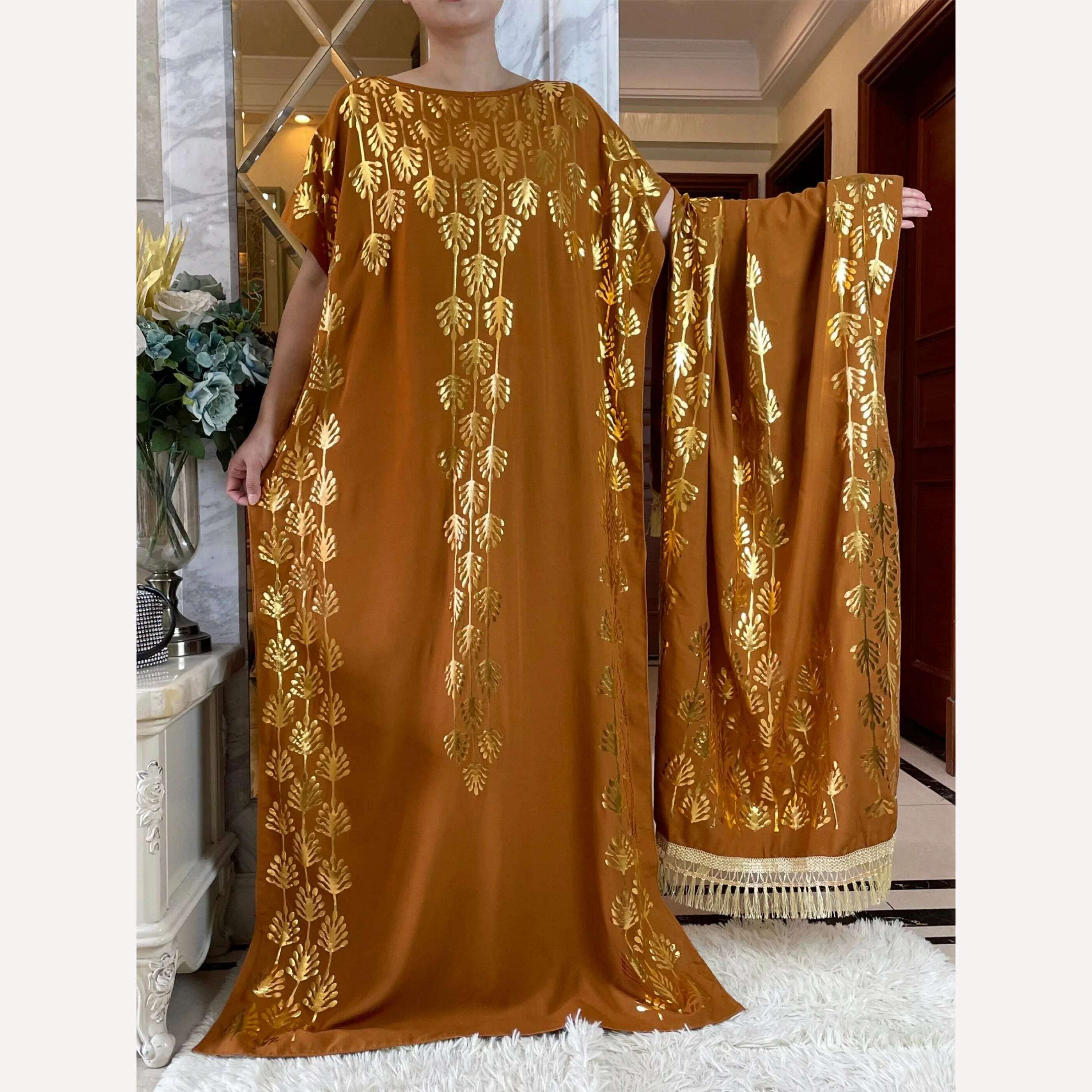 Dubai New Abaya For Women Summer Short Sleeve Cotton Dress Gold Stamping Loose Lady Maxi Islam African Dress With Big Scarf - KIMLUD