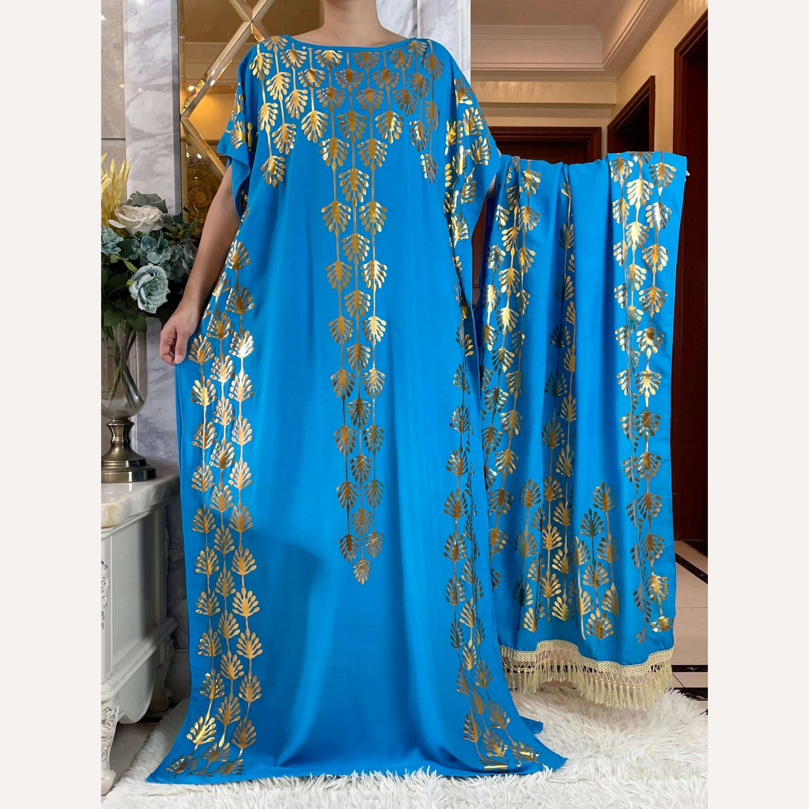 Dubai New Abaya For Women Summer Short Sleeve Cotton Dress Gold Stamping Loose Lady Maxi Islam African Dress With Big Scarf - KIMLUD