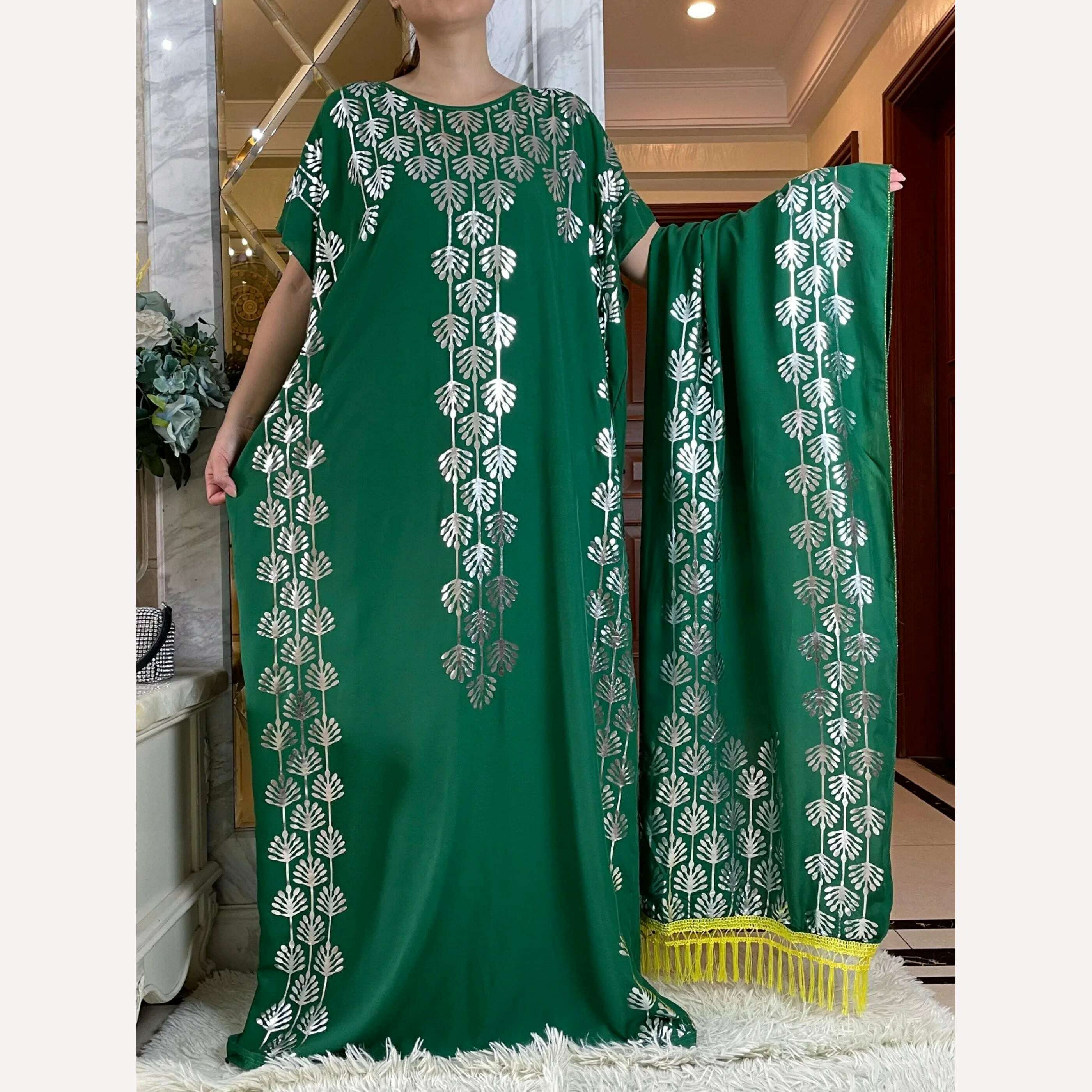 Dubai New Abaya For Women Summer Short Sleeve Cotton Dress Gold Stamping Loose Lady Maxi Islam African Dress With Big Scarf - KIMLUD