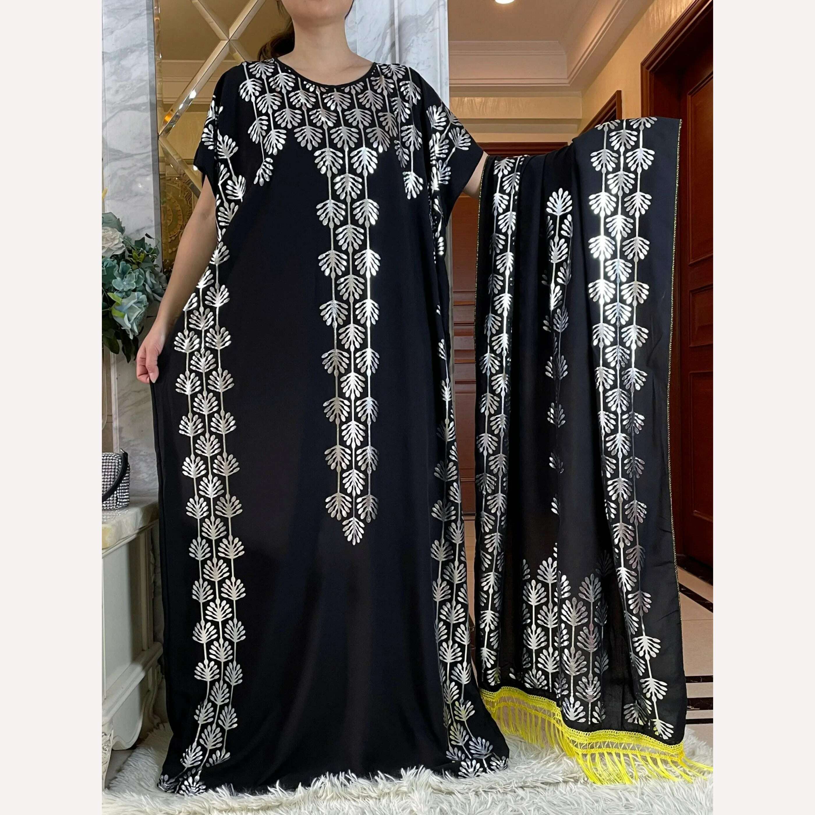 Dubai New Abaya For Women Summer Short Sleeve Cotton Dress Gold Stamping Loose Lady Maxi Islam African Dress With Big Scarf - KIMLUD