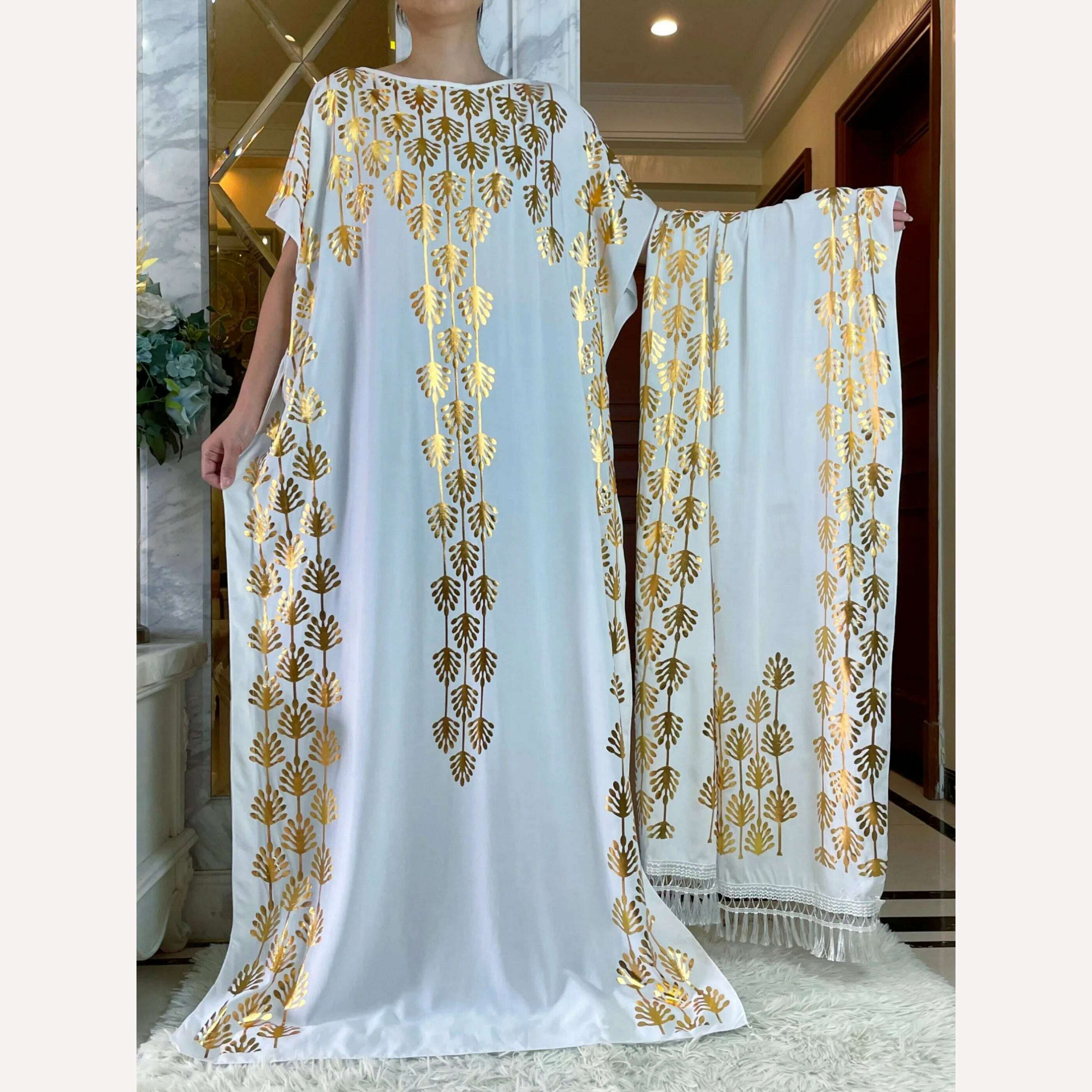 Dubai New Abaya For Women Summer Short Sleeve Cotton Dress Gold Stamping Loose Lady Maxi Islam African Dress With Big Scarf - KIMLUD