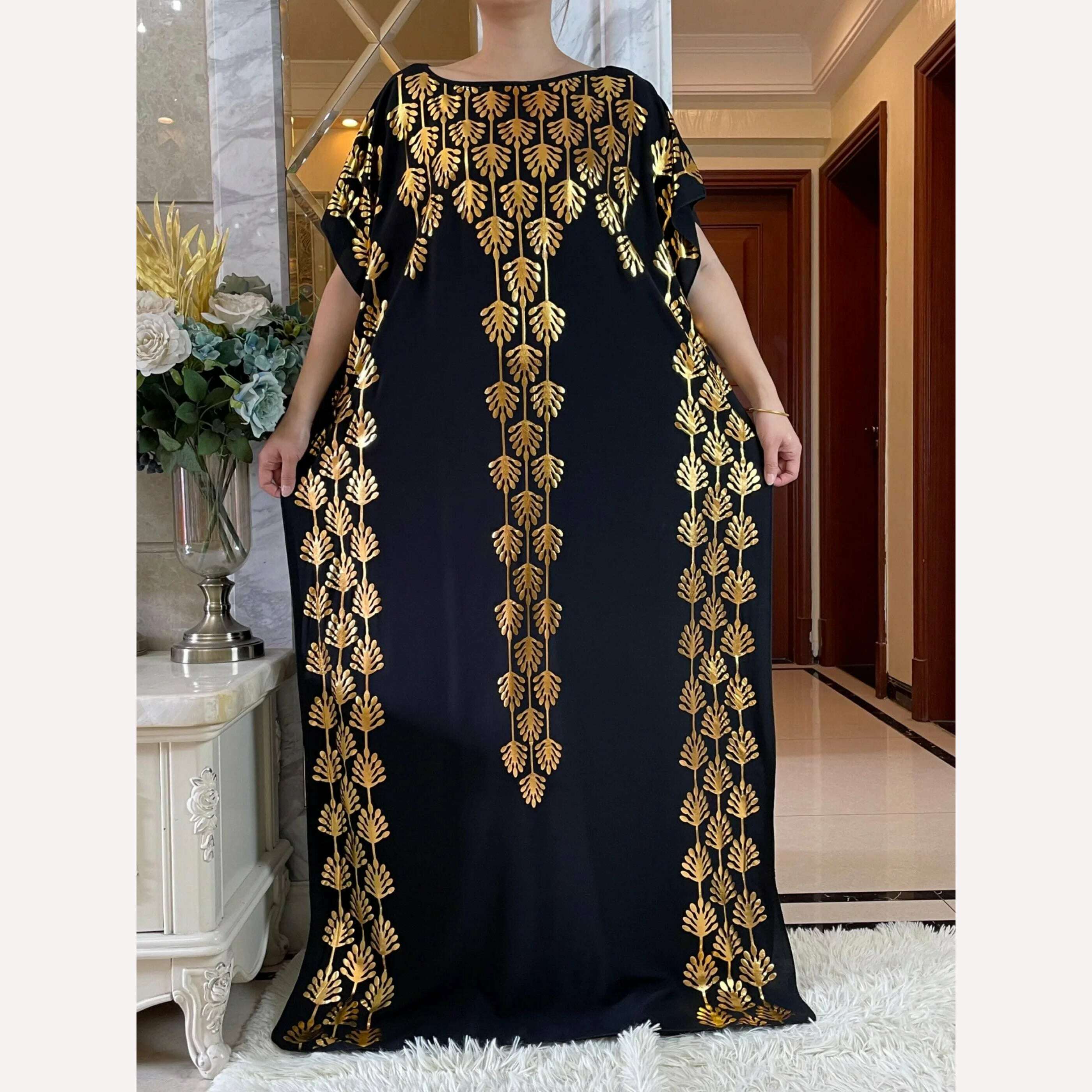 Dubai New Abaya For Women Summer Short Sleeve Cotton Dress Gold Stamping Loose Lady Maxi Islam African Dress With Big Scarf - KIMLUD