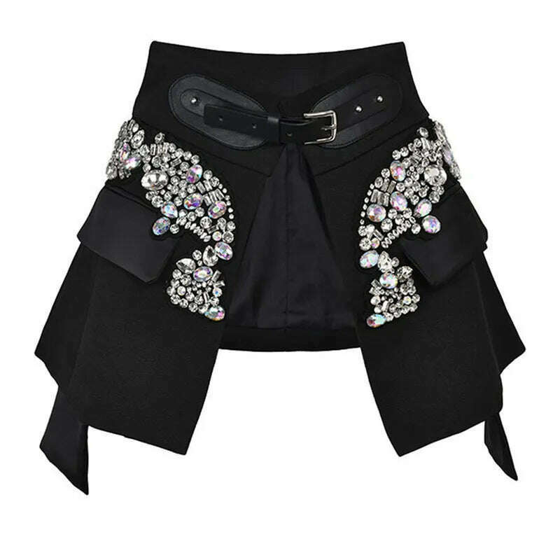 EAM Black Irregular Rhinestones Belted Mini Half-body Skirt High Waist Women Fashion Tide New Spring Autumn 2024 JY75801 - KIMLUD