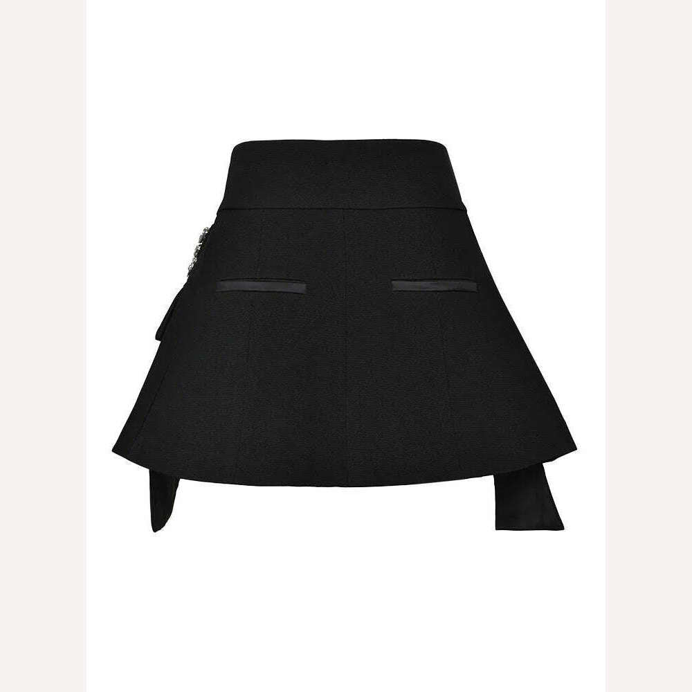 EAM Black Irregular Rhinestones Belted Mini Half-body Skirt High Waist Women Fashion Tide New Spring Autumn 2024 JY75801 - KIMLUD