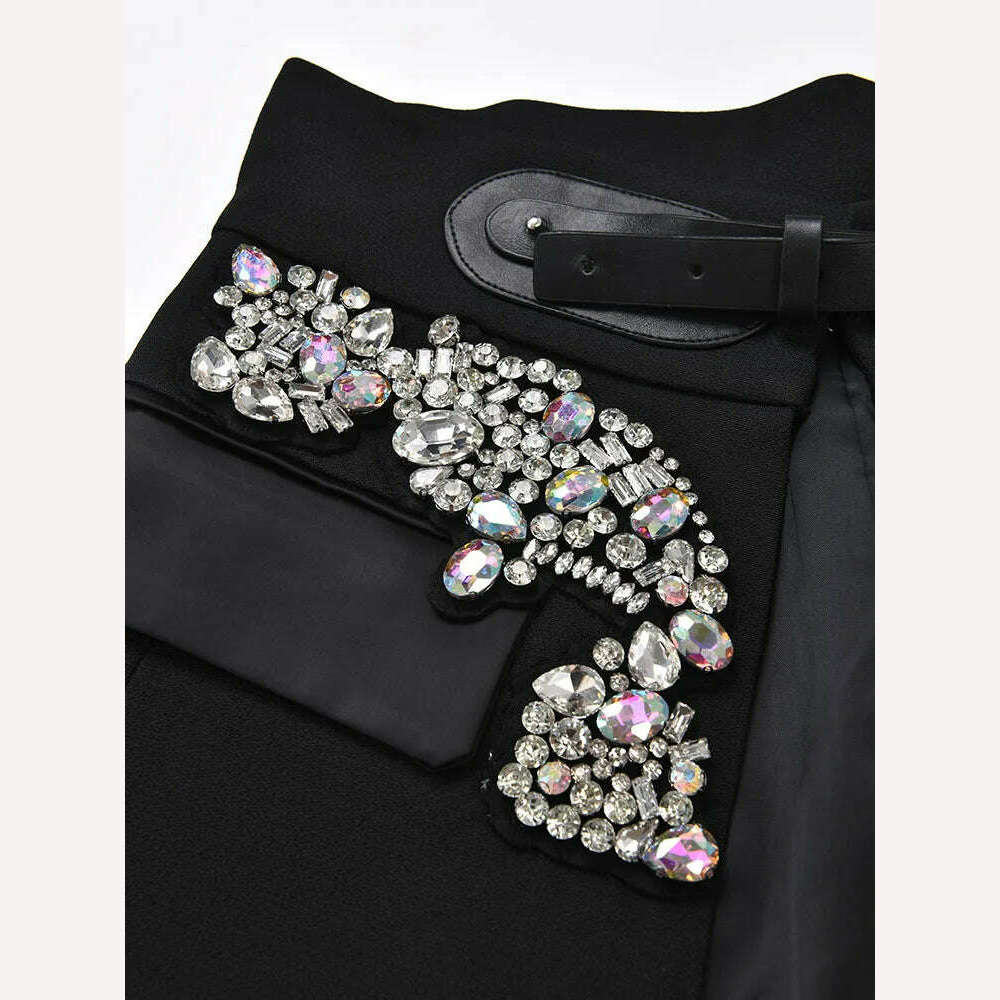 EAM Black Irregular Rhinestones Belted Mini Half-body Skirt High Waist Women Fashion Tide New Spring Autumn 2024 JY75801 - KIMLUD