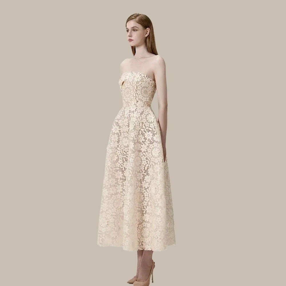 Elegant Lace Embroidery Strapless Dress by DEAT High Waist Hollow Out Summer Party Dress for Women Fashionable 2024 Style - KIMLUD