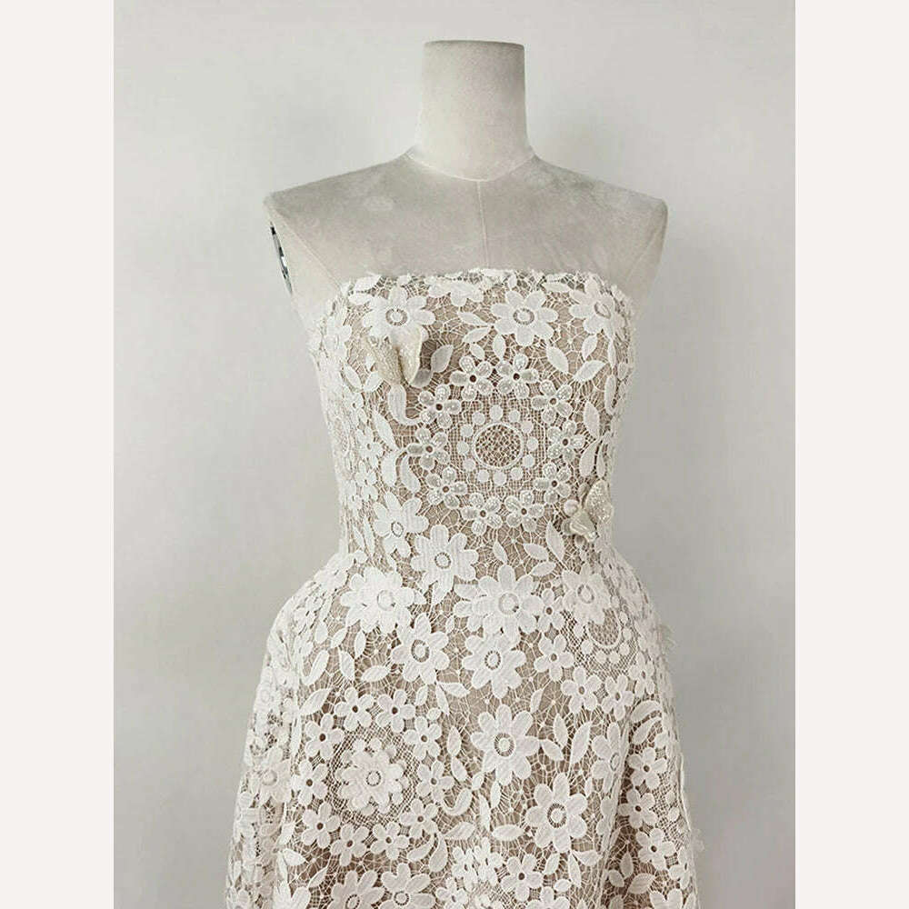 Elegant Lace Embroidery Strapless Dress by DEAT High Waist Hollow Out Summer Party Dress for Women Fashionable 2024 Style - KIMLUD