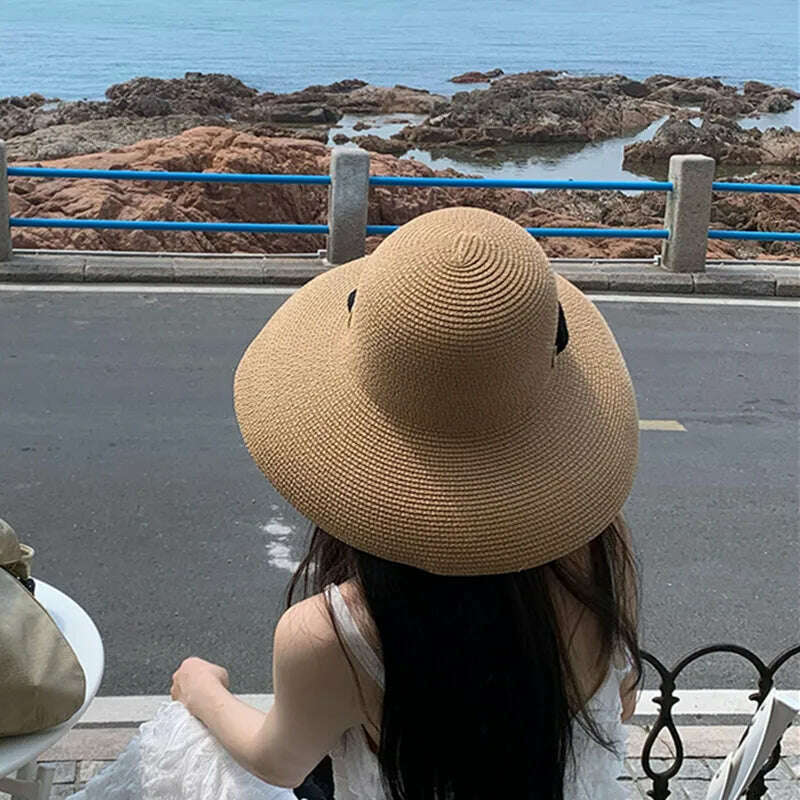 Elegant Long Black Ribbon Straw Hats For Women Foldable Wide Brim Panama Beach Hat Female Fashion Holiday Photo Props Sun Caps - KIMLUD