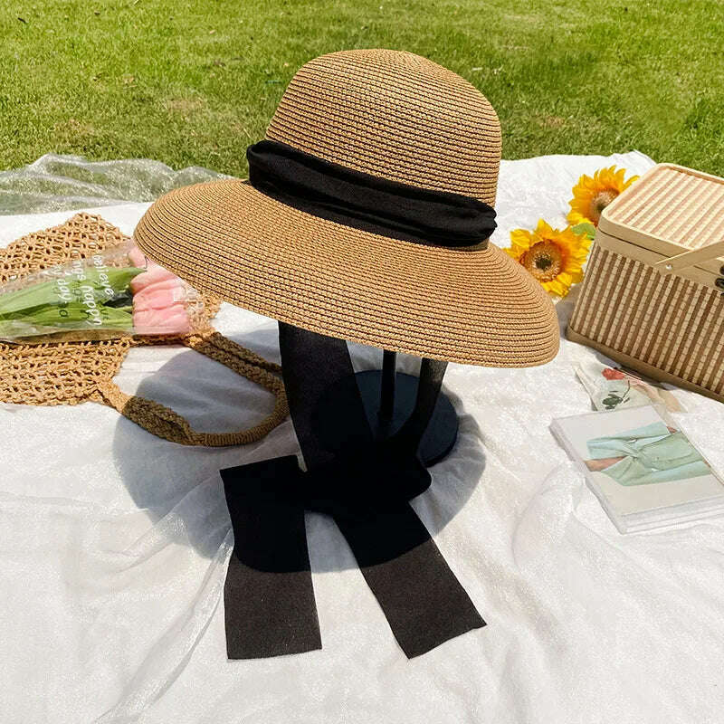 Elegant Long Black Ribbon Straw Hats For Women Foldable Wide Brim Panama Beach Hat Female Fashion Holiday Photo Props Sun Caps - KIMLUD