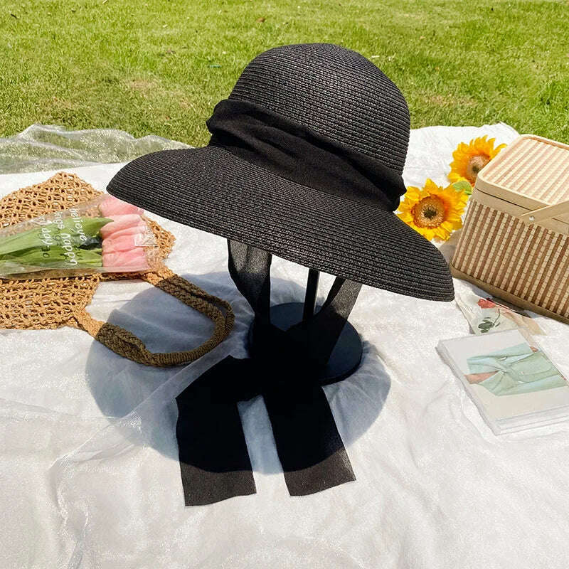 Elegant Long Black Ribbon Straw Hats For Women Foldable Wide Brim Panama Beach Hat Female Fashion Holiday Photo Props Sun Caps - KIMLUD