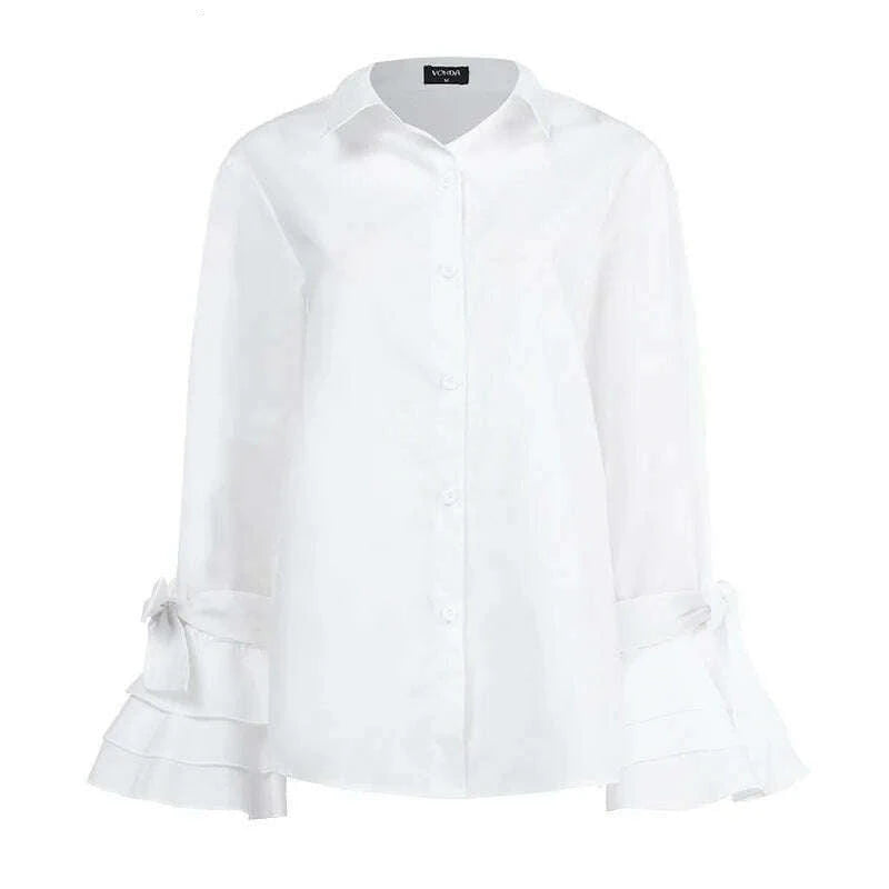 Elegant Office Blouse Women Fashion Shirts Tunic 2024 VONDA Long Flare Sleeve Tops Casual Solid Buttons Party Blusas Femininas - KIMLUD