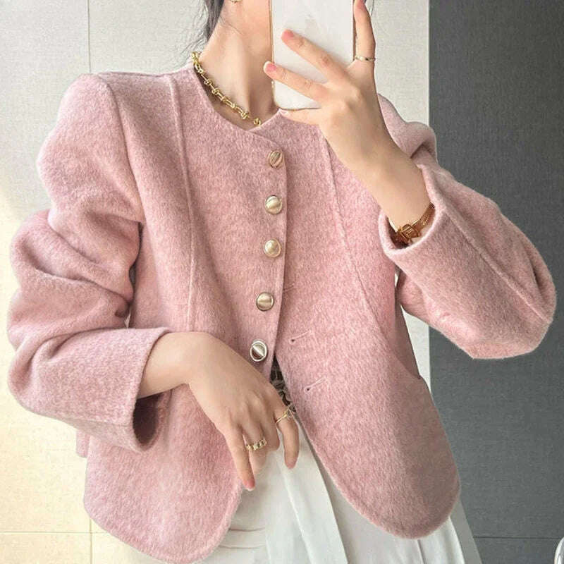 Elegant Round Neck Short Woolen Coat Fall Winter New Korean Loose Outerwear Fashion Solid Single Breasted Women Casaco Jackets - KIMLUD