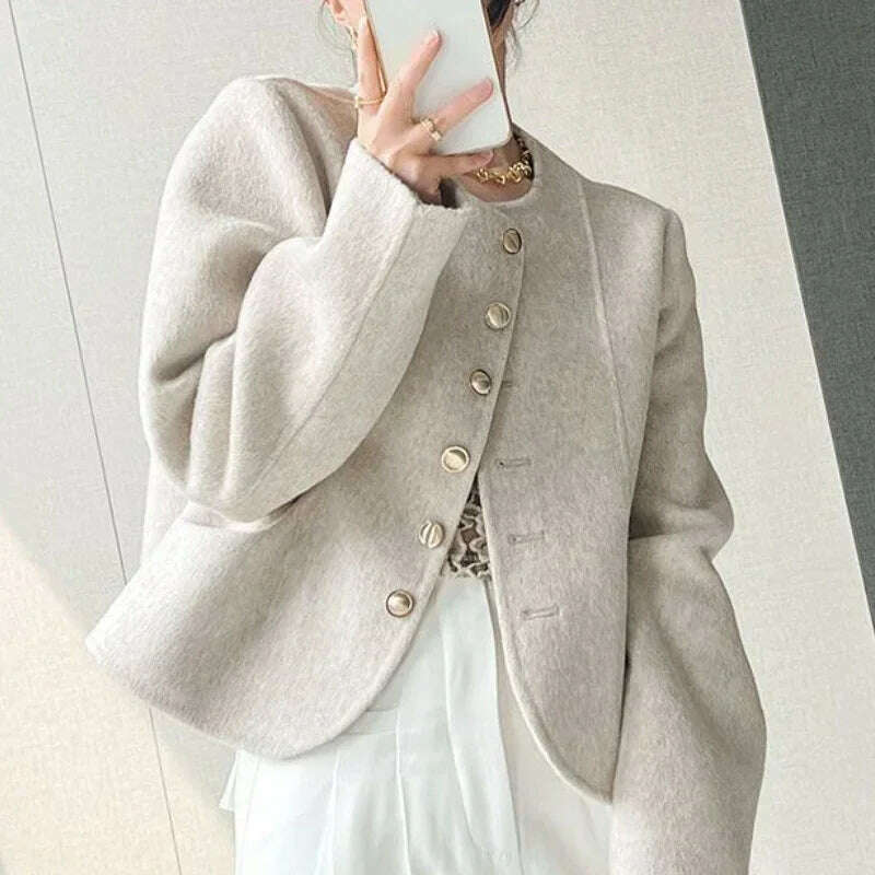 Elegant Round Neck Short Woolen Coat Fall Winter New Korean Loose Outerwear Fashion Solid Single Breasted Women Casaco Jackets - KIMLUD