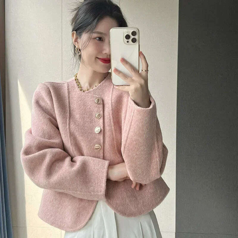 Elegant Round Neck Short Woolen Coat Fall Winter New Korean Loose Outerwear Fashion Solid Single Breasted Women Casaco Jackets - KIMLUD