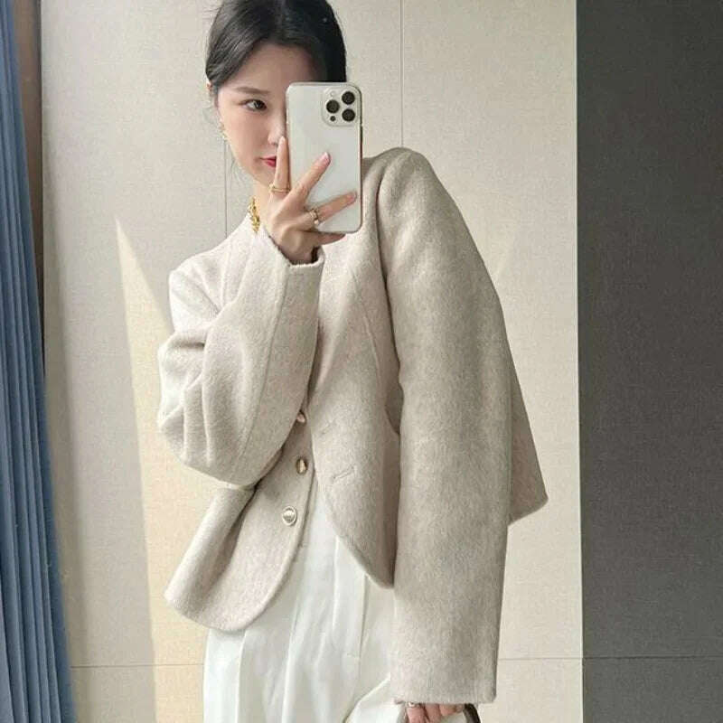 Elegant Round Neck Short Woolen Coat Fall Winter New Korean Loose Outerwear Fashion Solid Single Breasted Women Casaco Jackets - KIMLUD