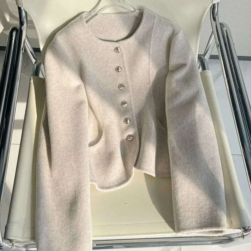 Elegant Round Neck Short Woolen Coat Fall Winter New Korean Loose Outerwear Fashion Solid Single Breasted Women Casaco Jackets - KIMLUD