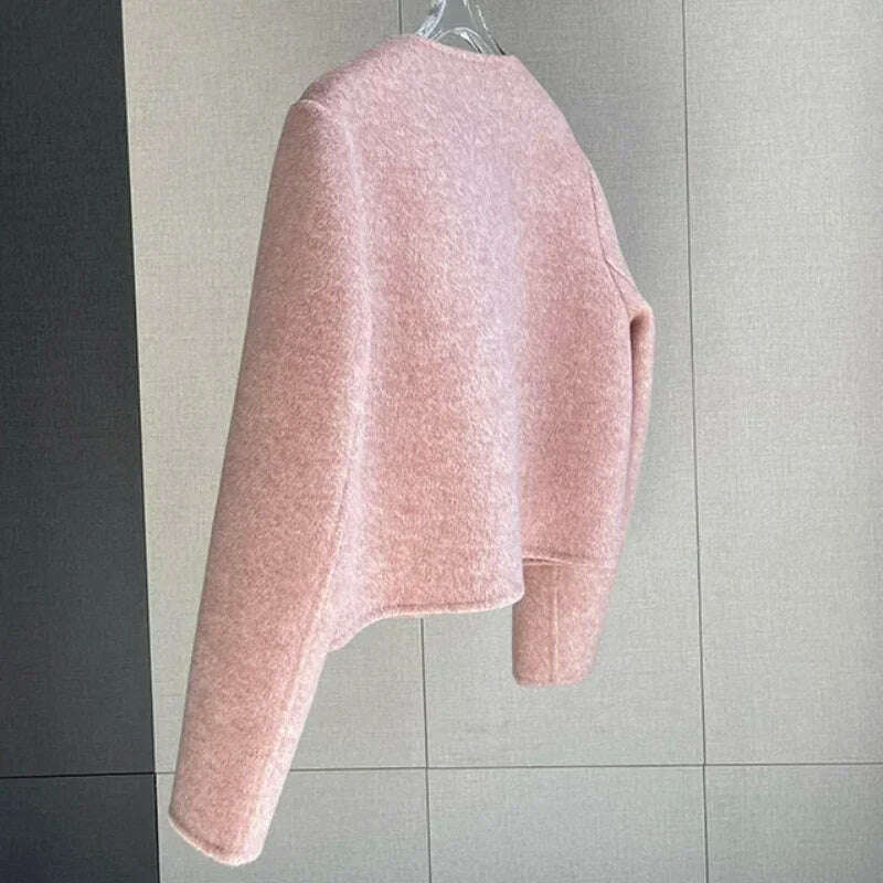 Elegant Round Neck Short Woolen Coat Fall Winter New Korean Loose Outerwear Fashion Solid Single Breasted Women Casaco Jackets - KIMLUD