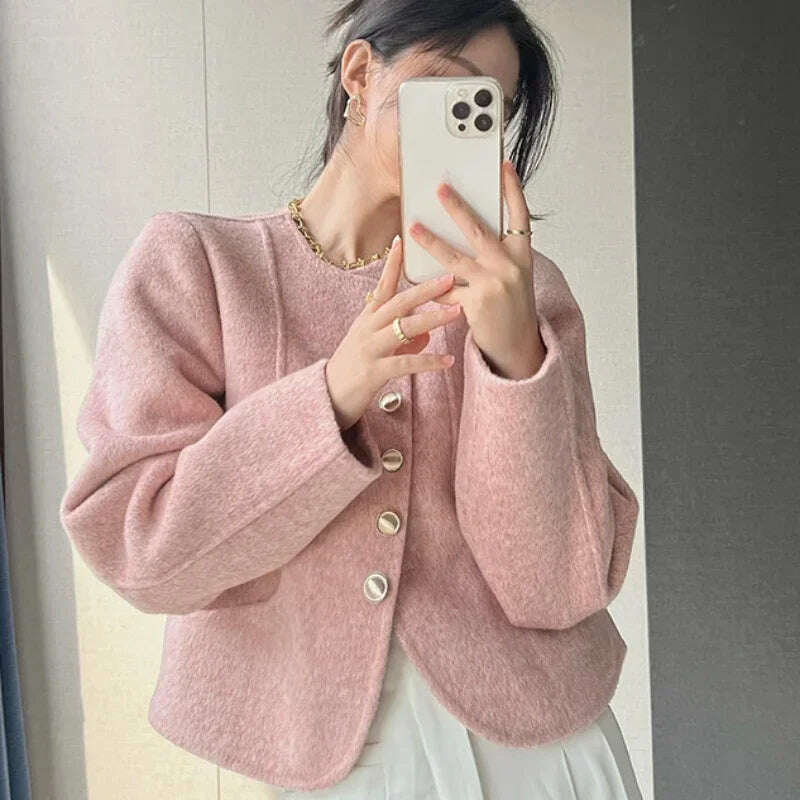 Elegant Round Neck Short Woolen Coat Fall Winter New Korean Loose Outerwear Fashion Solid Single Breasted Women Casaco Jackets - KIMLUD