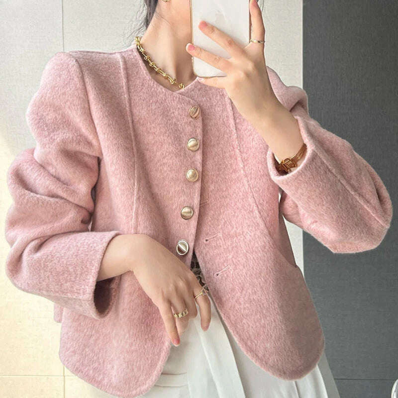 Elegant Round Neck Short Woolen Coat Fall Winter New Korean Loose Outerwear Fashion Solid Single Breasted Women Casaco Jackets - KIMLUD