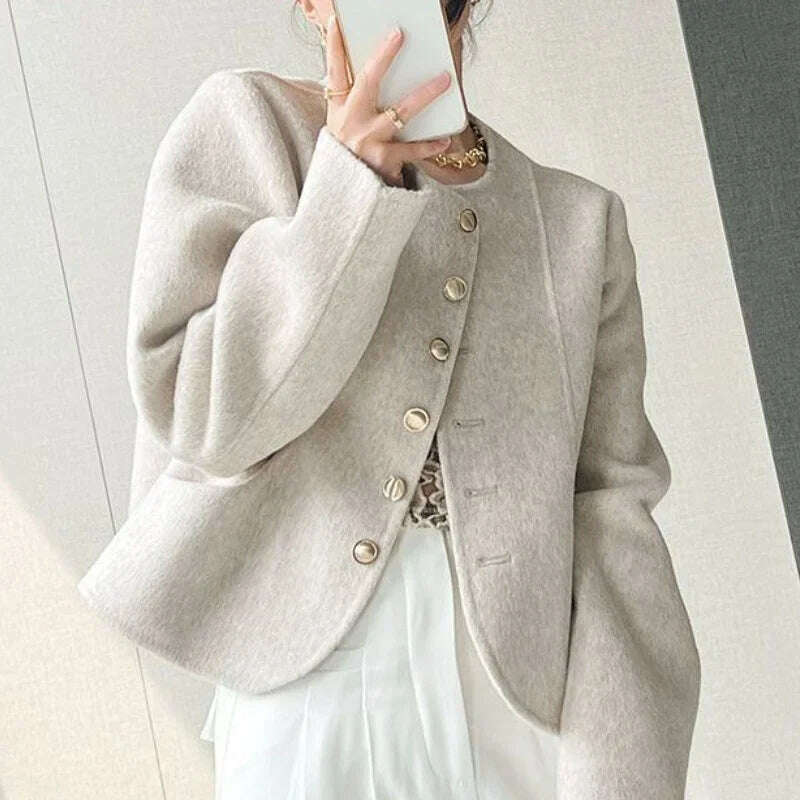 Elegant Round Neck Short Woolen Coat Fall Winter New Korean Loose Outerwear Fashion Solid Single Breasted Women Casaco Jackets - KIMLUD