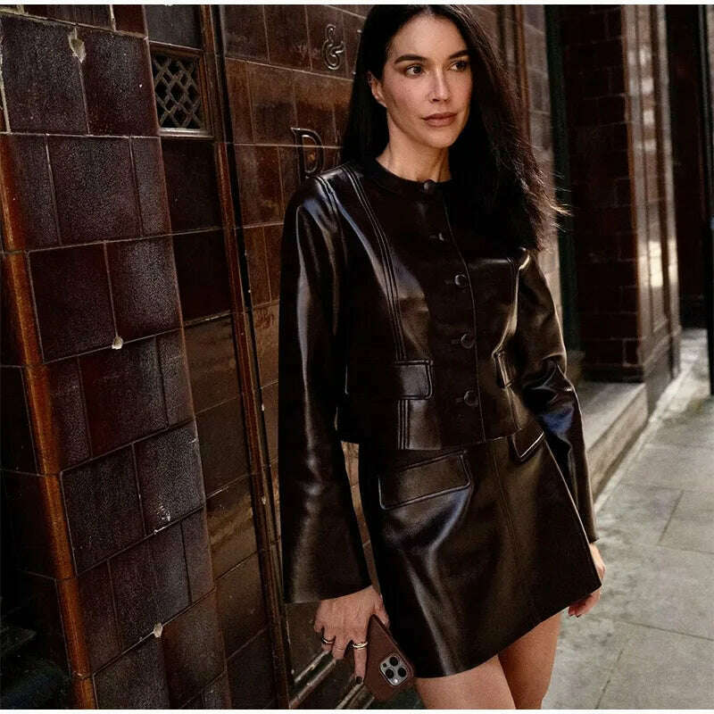 KIMLUD, Elegant Women Leather Jacket Skirt Suit Turn Down Collar Single Breasted Female Coat High Waist Mini Skirts Lady Two Piece Sets, KIMLUD Womens Clothes