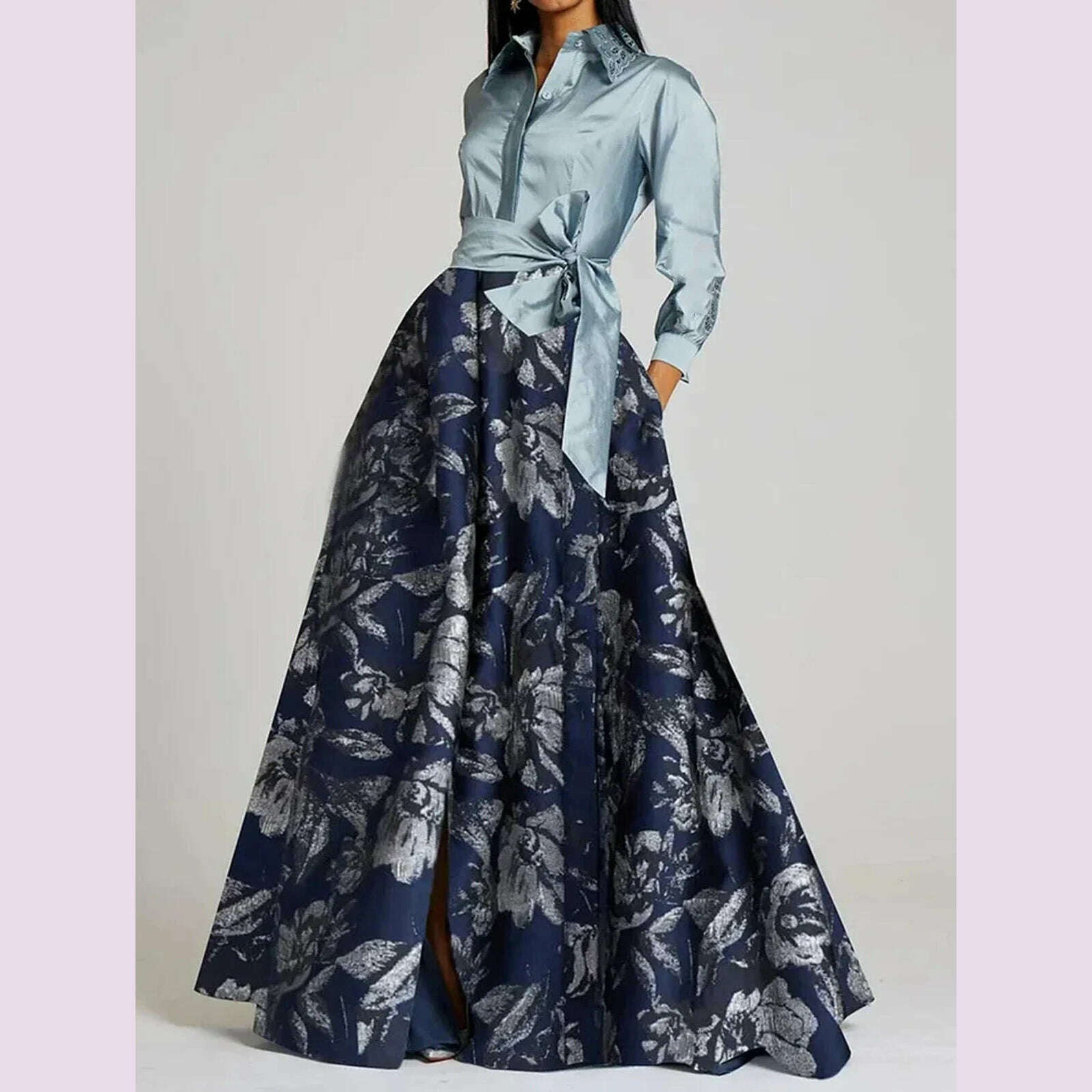 KIMLUD, Elegant Women's Long Dress Turn Down Collar Vintage Floral Print with Belt Long Sleeve Bow Autumn Satin Patchwork Dresses 2024, Blue / XXXL, KIMLUD APPAREL - Womens Clothes