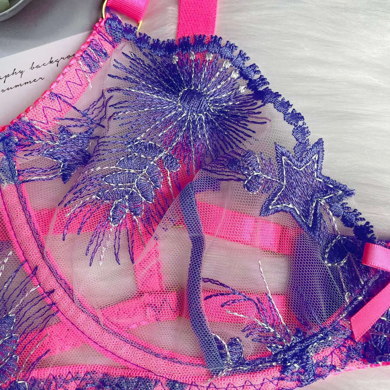 Ellolace Pink Fancy Lingerie Floral Luxury Lace See Through Underwear Sensual Garter Belt Set Contrast Color Fairy Outfit - KIMLUD