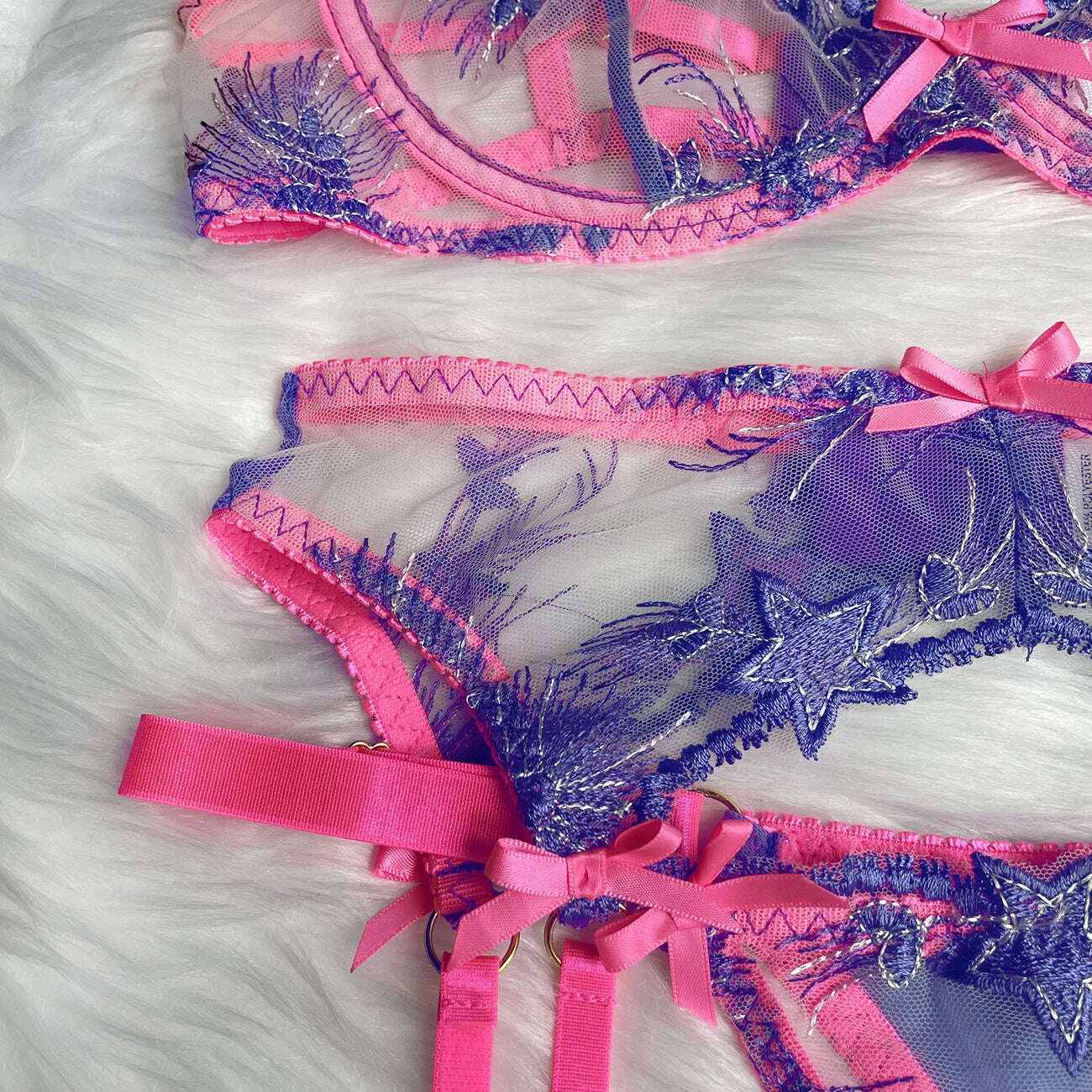 Ellolace Pink Fancy Lingerie Floral Luxury Lace See Through Underwear Sensual Garter Belt Set Contrast Color Fairy Outfit - KIMLUD
