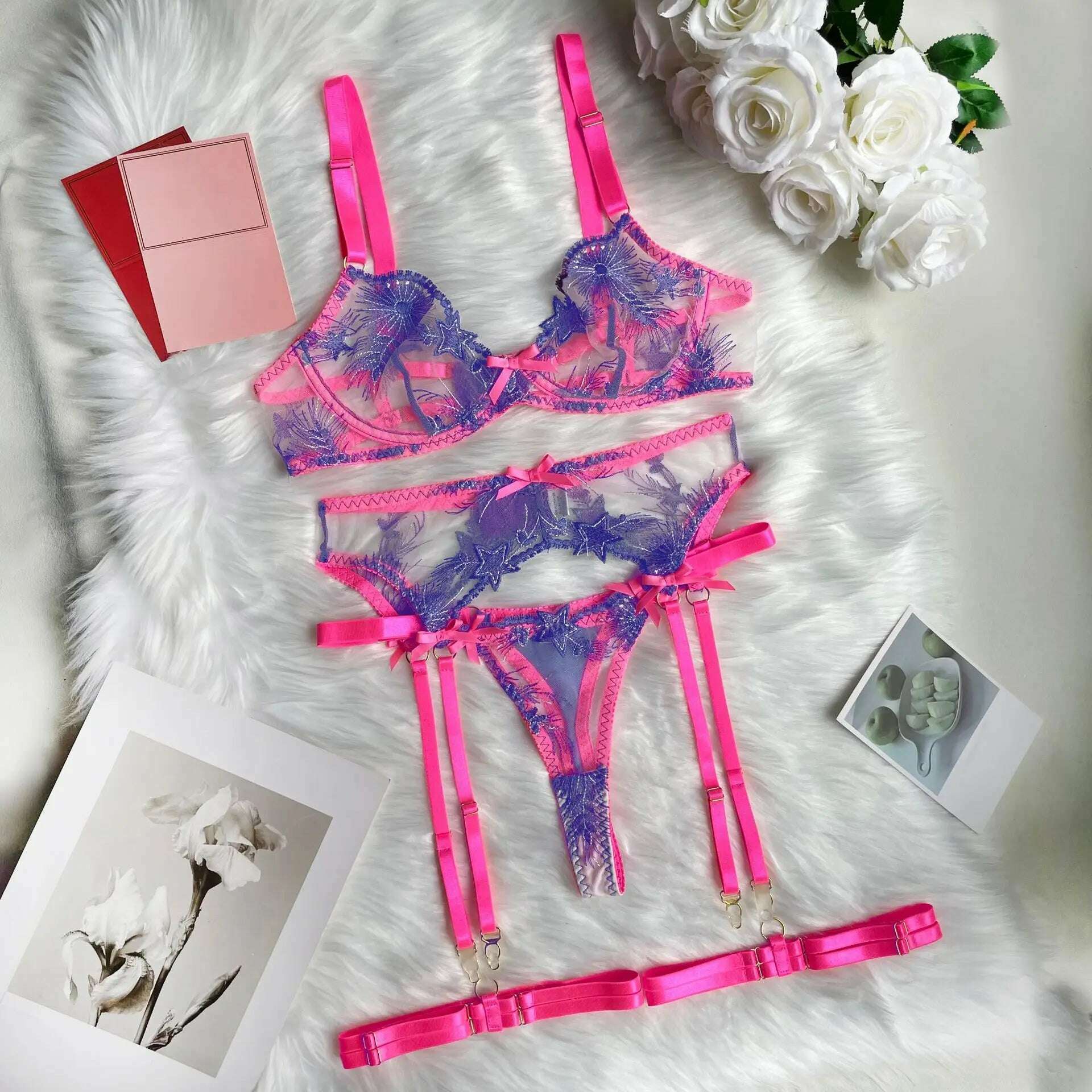 Ellolace Pink Fancy Lingerie Floral Luxury Lace See Through Underwear Sensual Garter Belt Set Contrast Color Fairy Outfit - KIMLUD