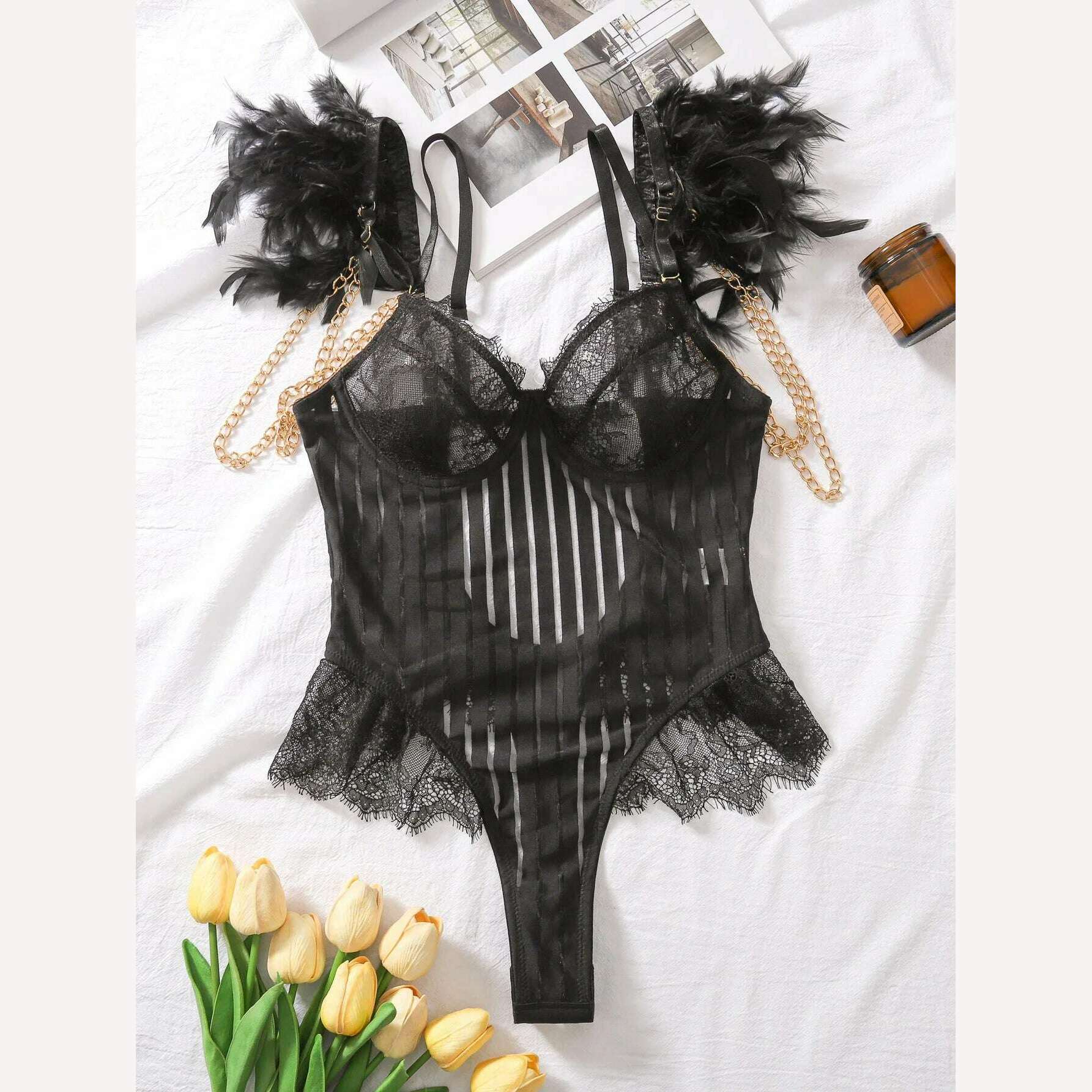 Ellolace Strip Bodysuit With Feather Fantasy Bodysuit One Pieces Ultra-Thin Body Suit See-Through Kinky Back Night Sexy Tops - KIMLUD