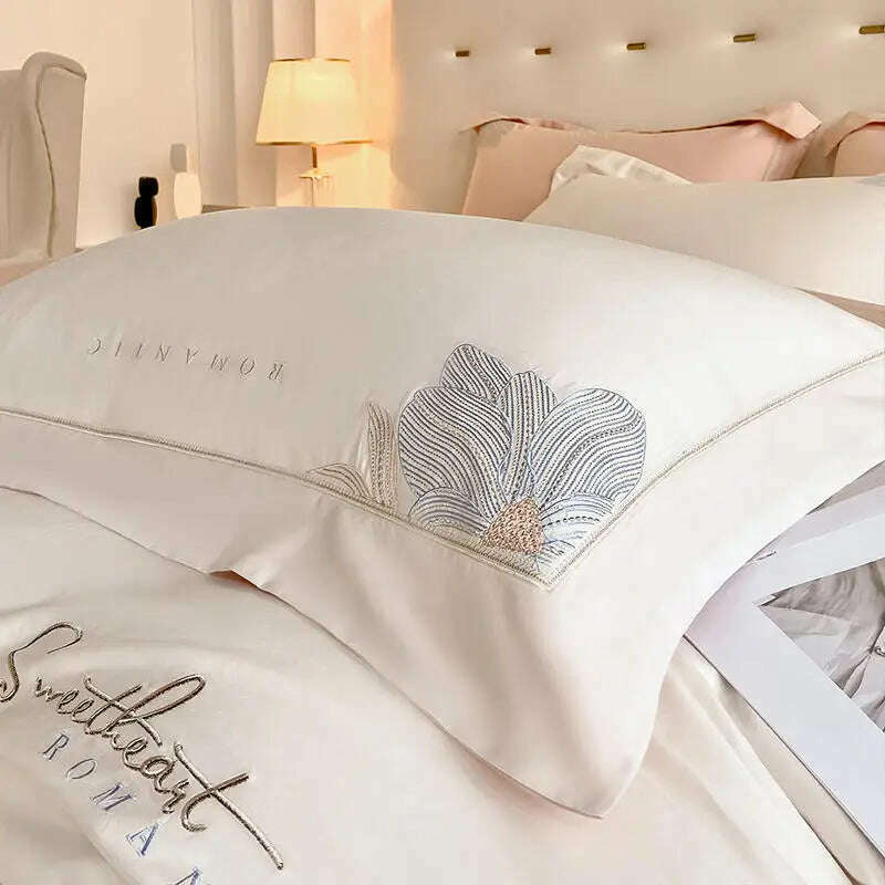 Embroidery 100% Cotton Bedding Set Luxury Home Textile Duvet Cover Set 220x240 High End Hepburn Style Skin Friendly Bedding Sets - KIMLUD