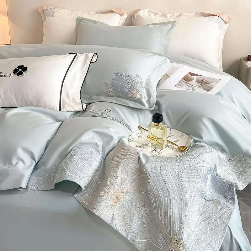 Embroidery 100% Cotton Bedding Set Luxury Home Textile Duvet Cover Set 220x240 High End Hepburn Style Skin Friendly Bedding Sets - KIMLUD