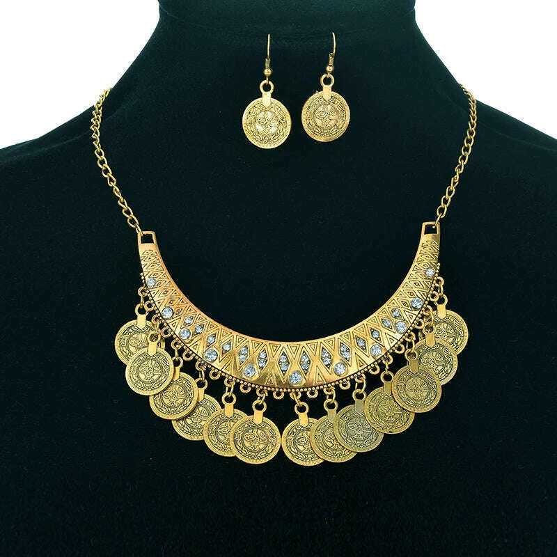 Ethnic Gypsy Tribal Boho Choker Necklaces For Women Vintage Statement Coin Tassel Rhinestone Necklace Earrings Jewelry Sets - KIMLUD
