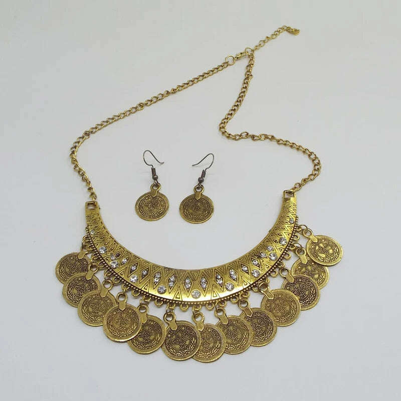Ethnic Gypsy Tribal Boho Choker Necklaces For Women Vintage Statement Coin Tassel Rhinestone Necklace Earrings Jewelry Sets - KIMLUD