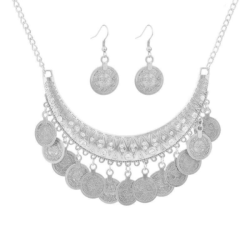 Ethnic Gypsy Tribal Boho Choker Necklaces For Women Vintage Statement Coin Tassel Rhinestone Necklace Earrings Jewelry Sets - KIMLUD