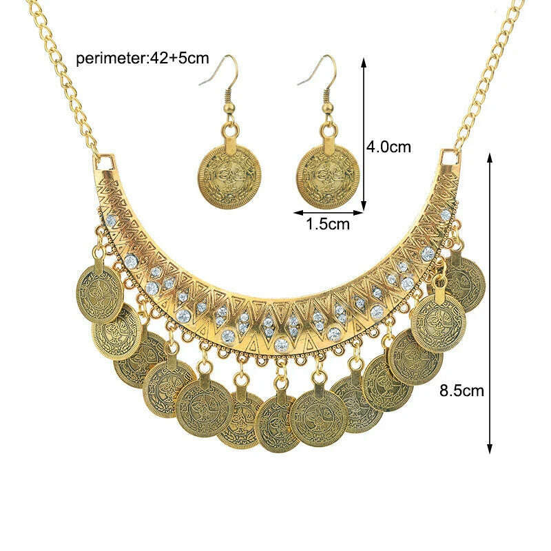 Ethnic Gypsy Tribal Boho Choker Necklaces For Women Vintage Statement Coin Tassel Rhinestone Necklace Earrings Jewelry Sets - KIMLUD